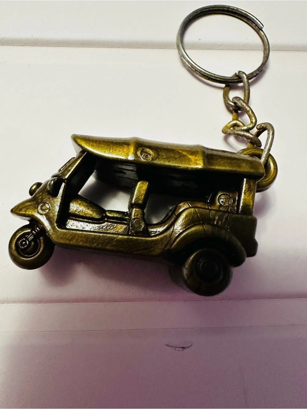 Brass Tuk Tuk Keychain and Wooden Drum Keyring Set - Brown & Gold